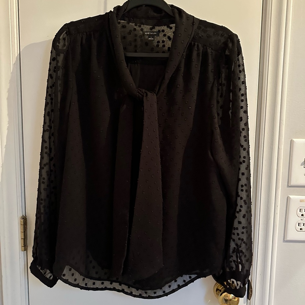Ann Taylor Polka Dot Black Sheer Sleeve Women's Blouse Large